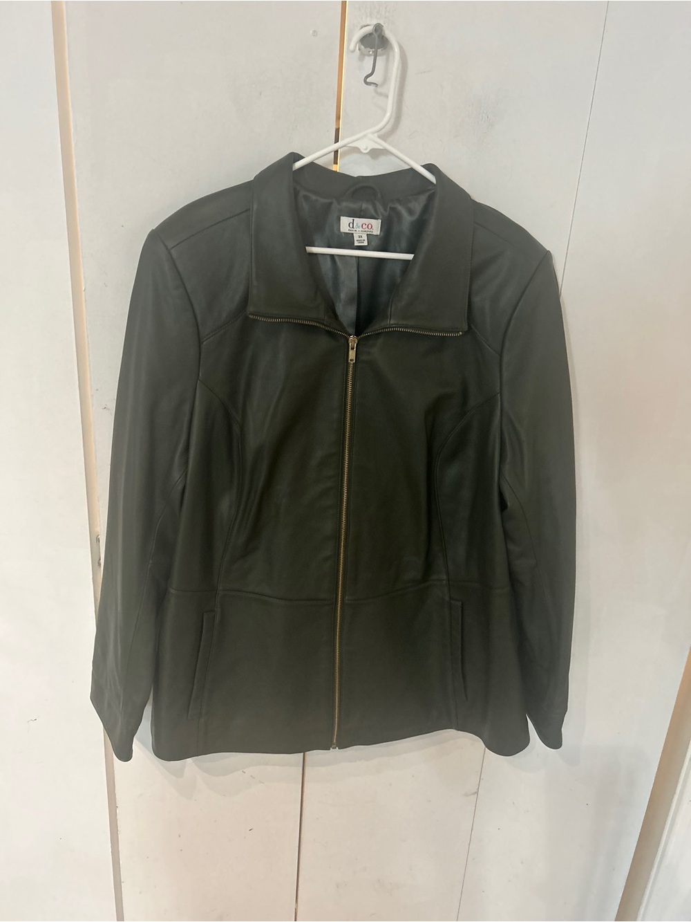 Olive Green  Leather Zip-Front Jacket